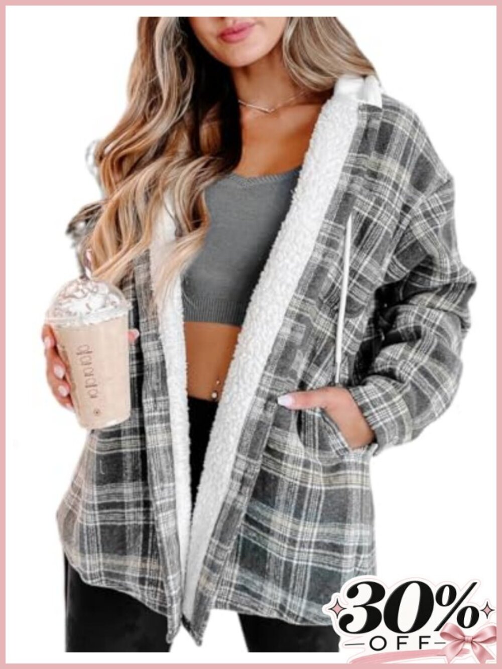 Plaid Sherpa Fleece-Lined Hooded Shacket Oversized Loose Fit Winter Jacket